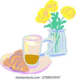 Doodle Café Croissant Composición con florero