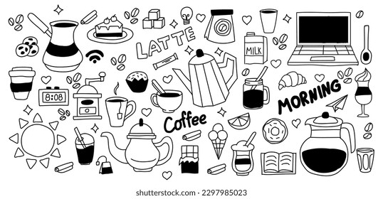 Café con doodle, croissants y galletas, iconos de cafés. Pan de dibujo a mano y postres, adorables equipos de bar, letreros de la mañana. Papel pintado de la cafetería o diseño textil. Objetos aislados de vectores recientes