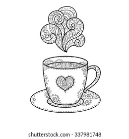 Doodle coffee cup with aroma isolated on white. Vector cute monochrome illustration.
