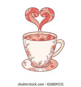 Doodle coffee cup with aroma isolated on white. Vector cute illustration.