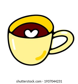 Café Doodle. Bebida caliente dulce aislada en un fondo blanco. Té amarillo, latte, capuchino, tazón americano. Vector hygge ilustración acogedora para cafetería, café, cocina impresa