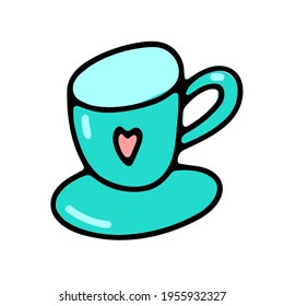 Doodle-Kaffeetasse. scharfe, heiße Getränke einzeln auf weißem Hintergrund. Blaue Tee, Latte, Cappuccino, Kamericano-Schleim mit Herz, Untertasse. Vektorgrafik für Kaffeehaus, Café, Küchendruck