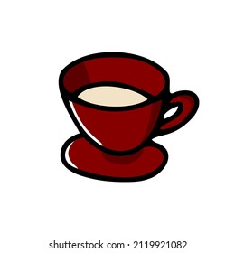Doodle coffee cup. Cute hot beverage isolated on white background. Red tea, latte, cappuccino, americano mug with handle, saucer. Vector dishes illustration for the coffee shop, cafe, kitchen print