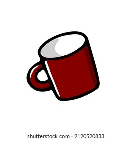 Doodle coffee cup. Cute hot beverage isolated on white background. Red tea, latte, cappuccino, americano mug with handle. Vector burgundy dishes illustration for the coffee shop, cafe, kitchen print