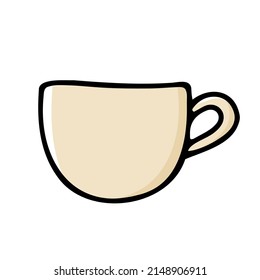 Doodle coffee cup. Cute hot beverage isolated on white background. Beige tea, latte, cappuccino, americano mug with handle. Vector burgundy dishes illustration for the coffee shop, cafe, kitchen print