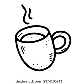 Doodle-Kaffeetasse. scharfe, heiße Getränke einzeln auf weißem Hintergrund. Outline-Tee, Latte, Cappuccino, Kamericano-Schlamm mit Griff, Dampf. Vektorgrafik für Kaffeehaus, Café, Küchendruck