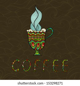Doodle coffee cup on patterned background. Vector illustration