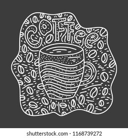 Doodle Coffee Cup Vector Illustration. Hand drawn cute cartoon coffee card with grains and lettering.