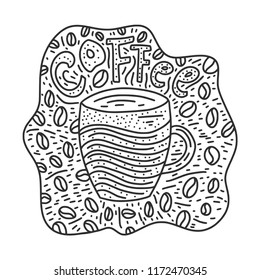 Doodle Coffee Cup Vector Illustration. Hand drawn cute cartoon coffee card with grains and lettering.