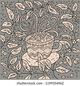 Doodle Coffee Cup Vector Illustration. Hand drawn cute cartoon coffee card.