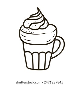 Doodle coffee cup with whipped cream. Outline hand drawn icon for coffee and bakery cafe.