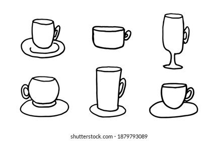 Doodle coffee cups illustration. Simple outline drawing. Morning drink for breakfast. Hand drawn design element