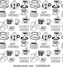 Doodle coffee cups in minimalistic flat style seamless pattern. Hand drawn stylish illustration with lettering for design, coffee shop, menu, wallpaper, wrapping. Retro black and white.