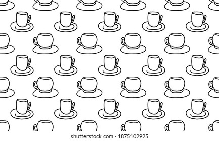 Las tazas de café Doodle son un patrón sin fisuras. Dibujo de esquema simple. Bebida de mañana para el desayuno. Elemento de diseño dibujado a mano