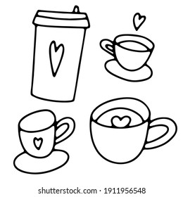 Doodle coffee cups set. Cute hot beverage isolated on white background. Outline tea, latte, cappuccino, americano, espresso, coffee to go mug with hearts. Vector illustration for coffee shop, cafe