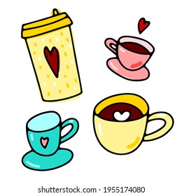 Doodle coffee cups set. Cute hot beverage isolated on white background. Outline tea, latte, cappuccino, americano, espresso, coffee to go mug with hearts. Vector illustration for coffee shop, cafe