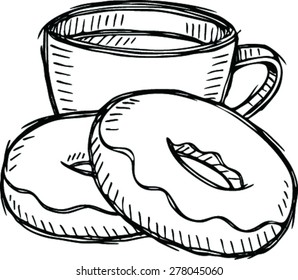 doodle of coffee and delicious cake on white background 
