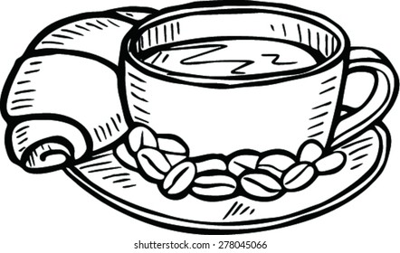doodle of coffee and delicious cake on white background 