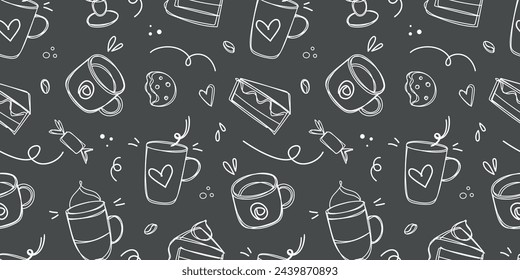 Doodle coffee and desserts seamless pattern. Coffee drawn with chalk on a black board. Sketch of different cups of coffee doodle vector illustration. Background for cafe shop, card, banner etc.