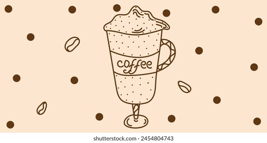 Doodle coffee with dots, beans in brown, beige colors. Vector hand drawn illustration for business, banners, textile, wallpaper, wrapping. Isolated on beige background	