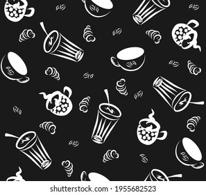Doodle coffee drink cup seamless pattern hand drawn illustration. Black and white flat background wallpaper.