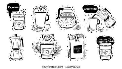 Doodle coffee drink sketch.Arabica aroma design menu cafe.Black element isolated in white background.Vector illustration.