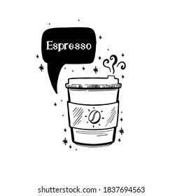 Doodle coffee drink sketch.Arabica aroma design menu cafe.Black element isolated in white background.Vector illustration.