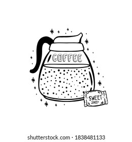 Doodle coffee drink sketch.Arabica aroma design menu cafe.Black element isolated in white background.Vector illustration.