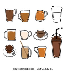 Doodle of coffee drinks in cups and mugs. Simple outline of energizing drinks made out of coffee beans. Vector coffee cups and jar. Milk cup for cappuccino.