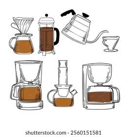 Doodle of coffee drinks in cups and pots. Simple outline of energizing drinks made out of coffee beans. Different types of coffee makers such as french press, aeropress, drip coffee. 