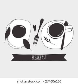 Doodle coffee and fried egg. Breakfast black and white vector design