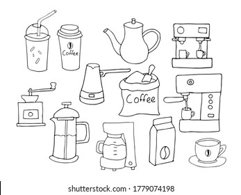 Doodle coffee icons collection in vector. Hand drawn coffee icons collection in vector. Set of doodle coffee icons in vector