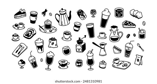 Doodle coffee icons set. Hand drawn cafe, restaurant, patisserie menu cute line elements. Food and beverage drawings. Coffee, tea, espresso, latte, mocha, matcha, milkshake, cocktail sketch