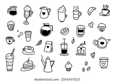 Doodle Coffee illustrations set. Hand drawn doodle coffee shop collection with cups of coffee, tea, coffee beans and desserts. Vector illustration isolated on white.