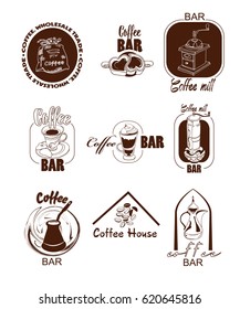 Doodle coffee logos set with bag grinder mill cup jar turk beans and milkshake isolated vector illustration