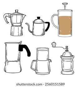 Doodle of coffee makers. Simple outline of energizing drinks made out of coffee beans. Different types of coffee makers such as french press, aeropress, drip coffee, grinder, moka pot.