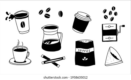 Doodle coffee. Morning lifestyle, drawn cups with americano, breakfast drinks made of coffee beans. Vector art