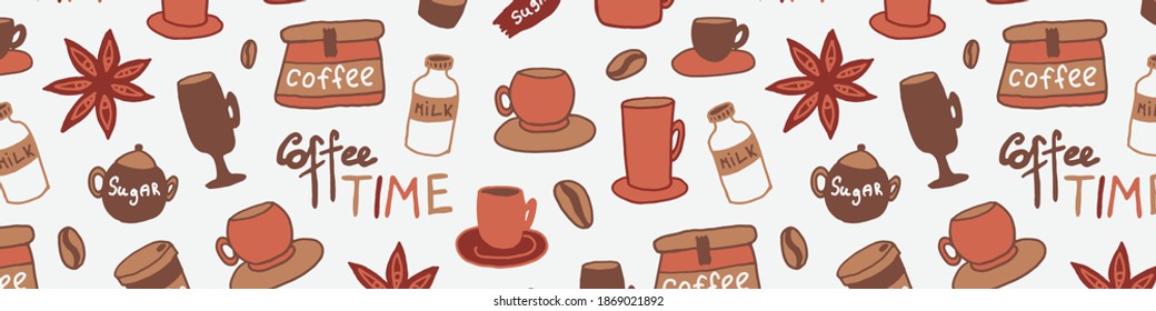 Doodle coffee pattern. Simple outline banner. Morning drink for breakfast. Hand drawn design element