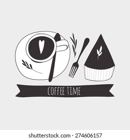 Doodle coffee and piece of cake. Hand drawn kitchen vector design