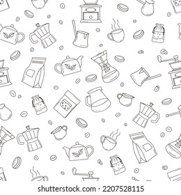 Doodle coffee seamless pattern with cups and pots on white background.