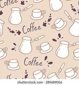 Doodle coffee seamless pattern with lettering.Hand drawn background. Vector illustration