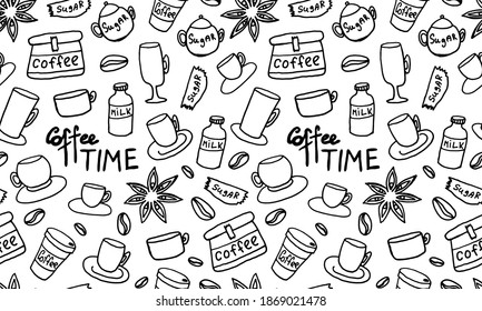 Doodle coffee seamless pattern. Simple outline drawing. Morning drink for breakfast. Hand drawn design element