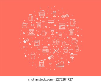 doodle of coffee set icon with color living coral theme 2019. palette color of the year 2019 Living coral