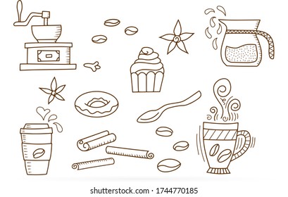Doodle coffee set icon isolated. Coffee cup hand drawing line art. Cup with fragrant coffee. Maffin and stick cinnamon, spoon. Sketch vector stock illustration. EPS 10
