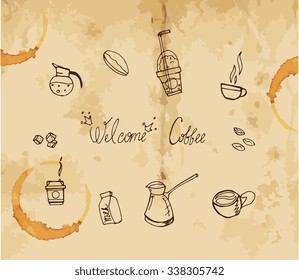 Doodle coffee set on paper background. Vector illustration