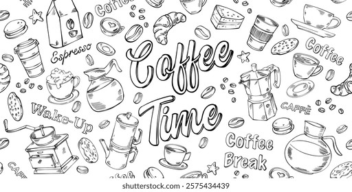 Doodle coffee shop background. Outline hand drawn set icon. vector illustration