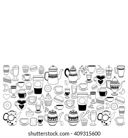 Doodle coffee shop items with seamless pattern