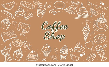 Doodle coffee shop pattern. Cafe Set hand drawn elements. Sweet doodles with coffee, tea, latte, cappuccino, cakes, dessert, cream, bagels, donuts, chocolate, sweets, cake, ice cream, caramel. Vector