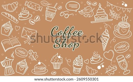 Doodle coffee shop pattern. Cafe Set hand drawn elements. Sweet doodles with coffee, tea, latte, cappuccino, cakes, dessert, cream, bagels, donuts, chocolate, sweets, cake, ice cream, caramel. Vector