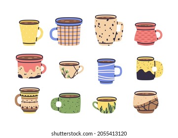 Doodle coffee or tea cups. Modern decorated crockery, ceramic or porcelain hot drinks mugs. Cute hand drawn cups vector flat illustration set